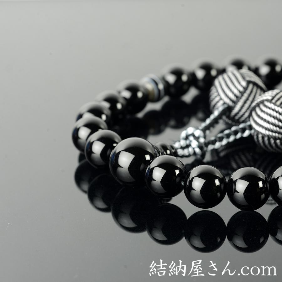 数珠 念珠 黒オニキス 二天縞瑪瑙仕立 利久梵天房（桐箱付）（略式数珠