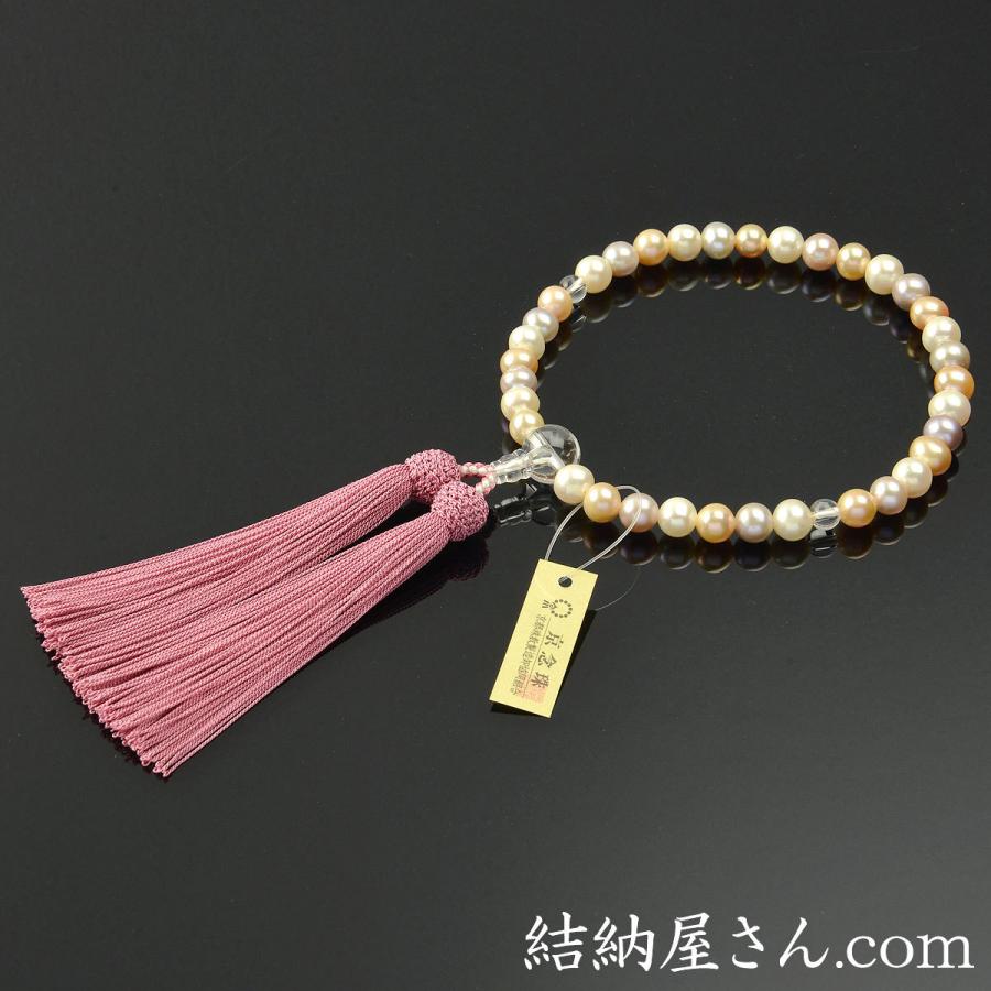 数珠 念珠 ミックス淡水真珠 水晶仕立 正絹東雲房（桐箱付）（略式数珠