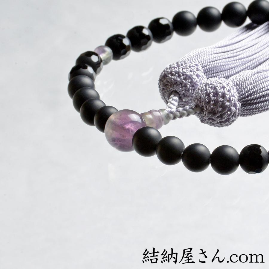 数珠 念珠 フロスト黒オニキス 蛍石仕立 正絹頭付房（桐箱付）（略式