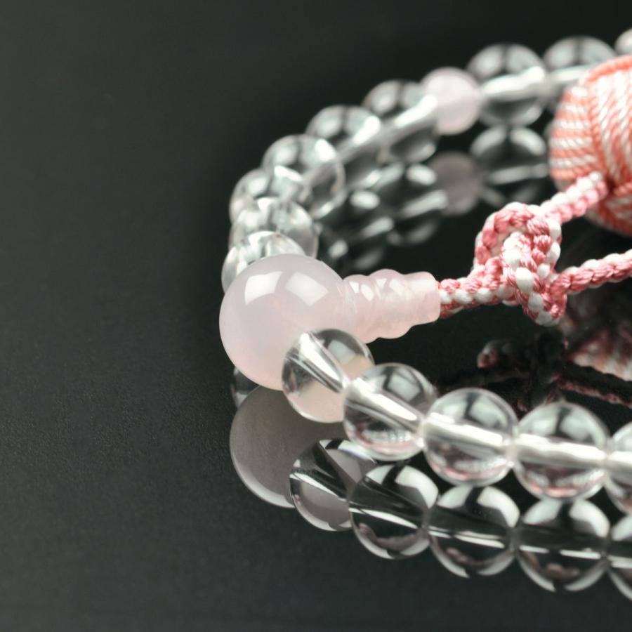 数珠 念珠 本水晶 ローズクォーツ仕立 利休梵天房（桐箱付）（略式数珠