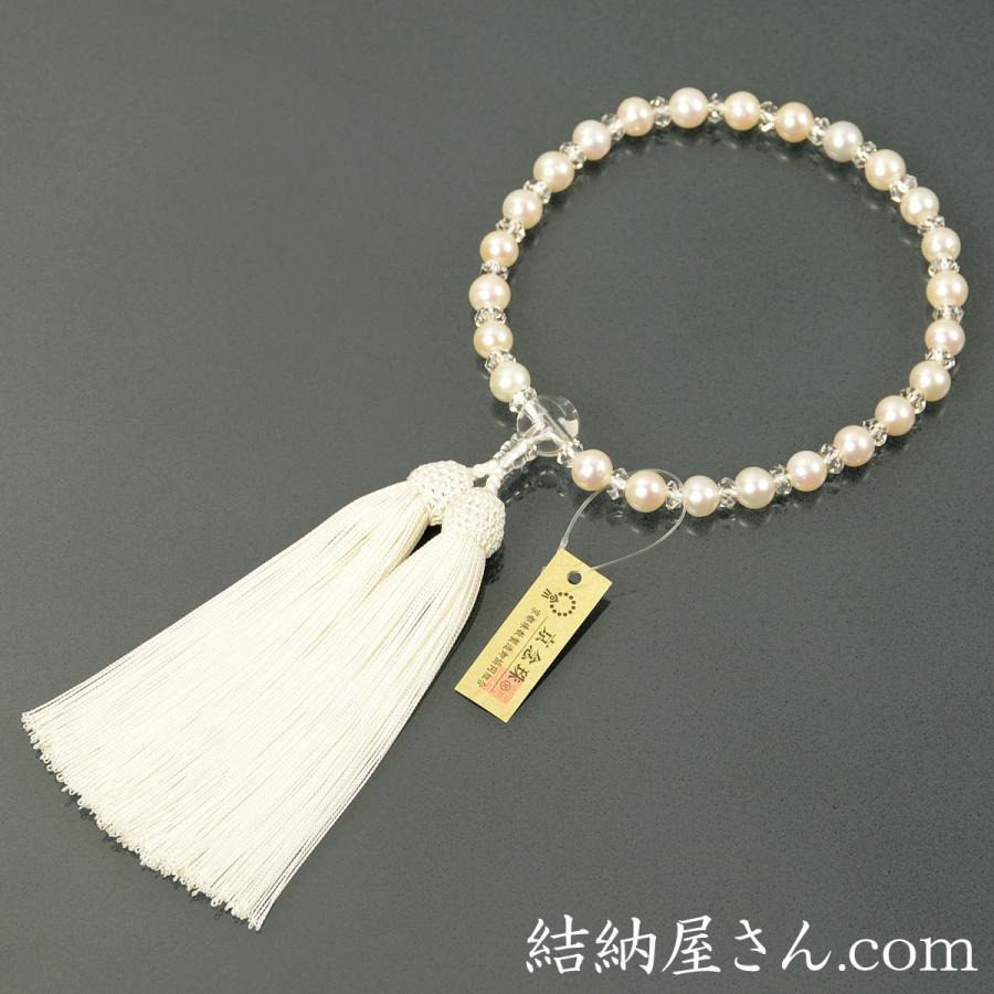 念珠、数珠、片手用　淡水真珠　7-9ミリ 数珠 女性用 淡水真珠白 本水晶 仕立 8mm玉 正絹頭付房 白 細桐