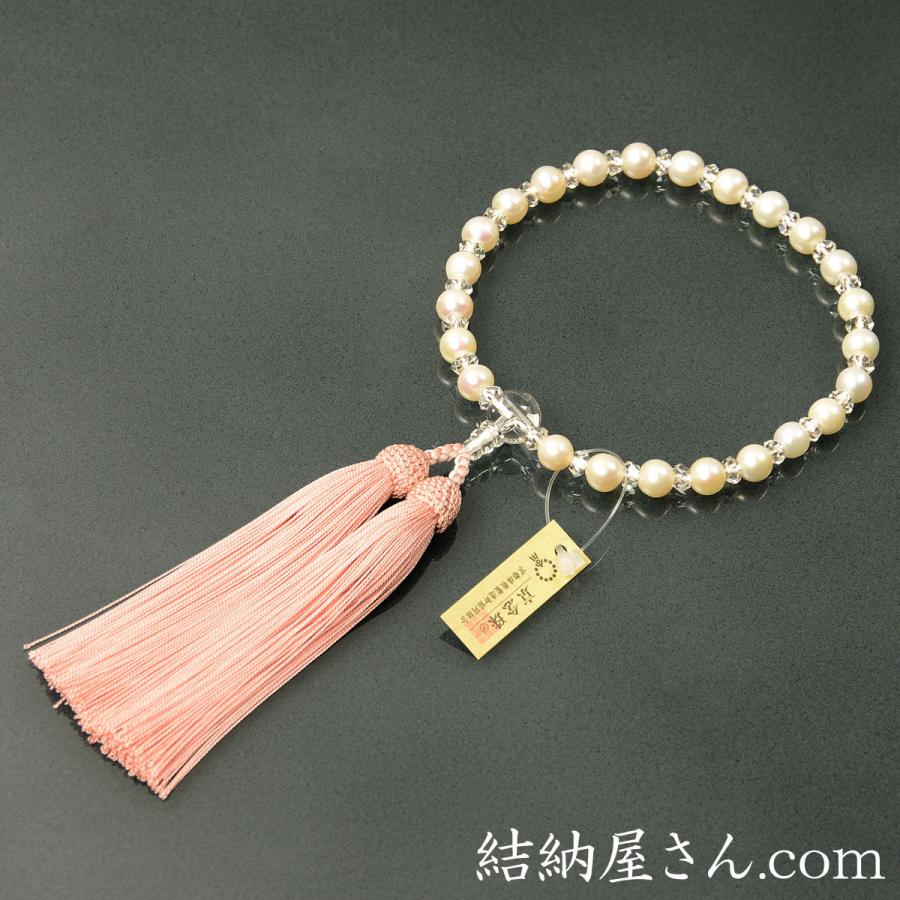 数珠 念珠 淡水真珠 本水晶平切子仕立 正絹枝垂房（桐箱付