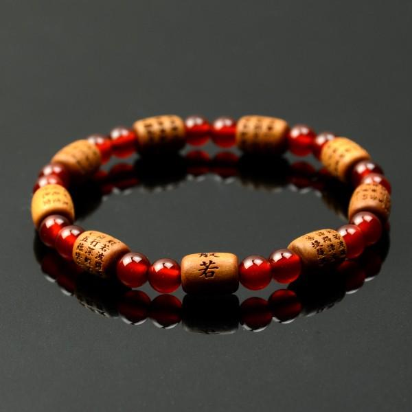 数珠ブレスレット・腕輪念珠 老山白檀（俵型） 瑪瑙仕立 般若心経彫