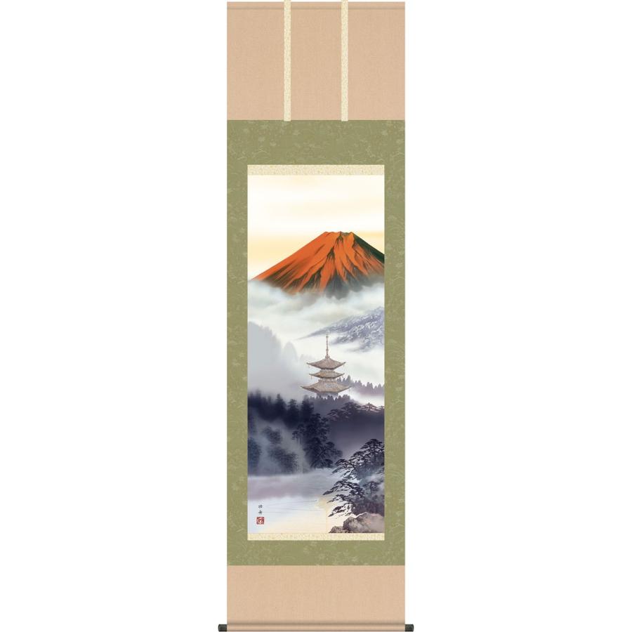 掛軸 (掛け軸) 赤富士 瀬田功舟 尺五立 約横54.5×縦190cm g4201 山水