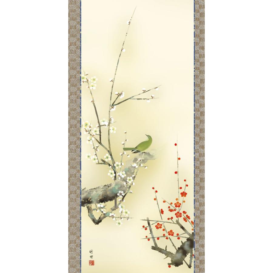 掛軸 (掛け軸) 春用 紅白梅に鶯 田村竹世 尺五立 約横54.5cm×縦190cm