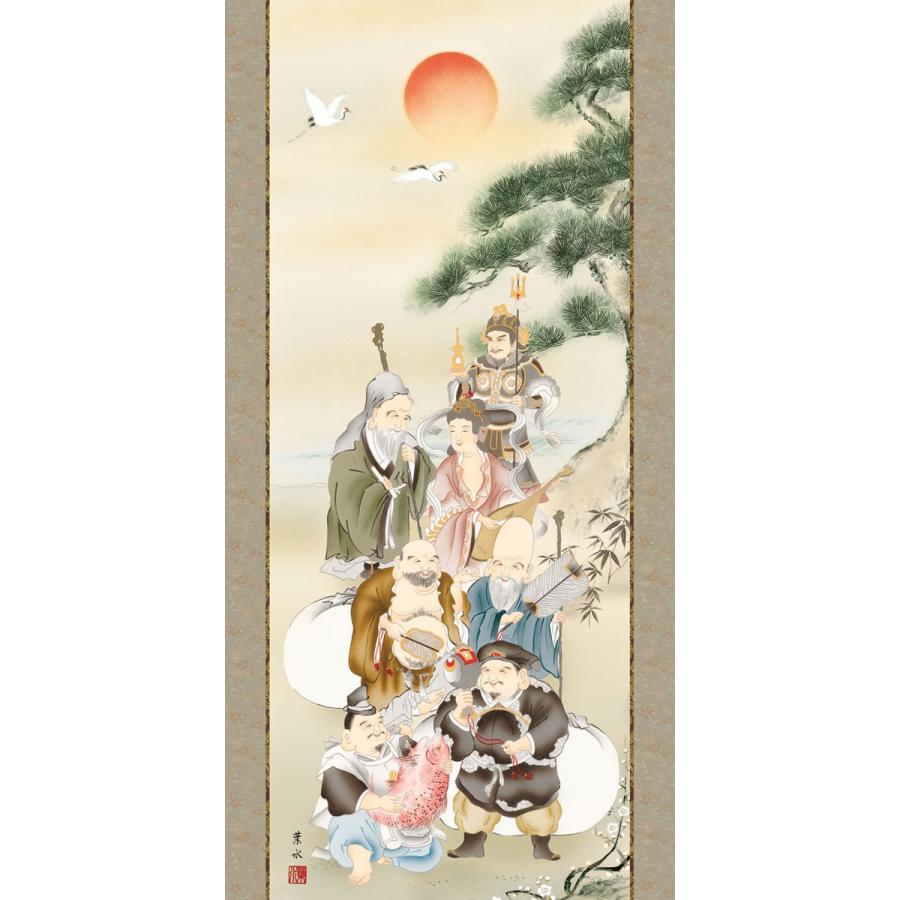 (掛け軸) 七福神 緒方葉水 尺五立 約横54.5cm×縦190cm g4691 慶祝 慶事 縁起 開運 祝賀 お正月 正月 新年 初夢 長寿 賀寿 開店 開業 【張月樵】