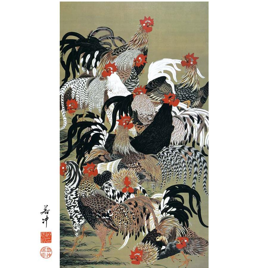 伊藤若冲 群鶏図 （F8サイズ）（紐・フック付） 日本の名画 約縦61×横49.5cm インテリアアート（額絵） 伝統の日本画 g5570 額入り アート リビング 玄関_1