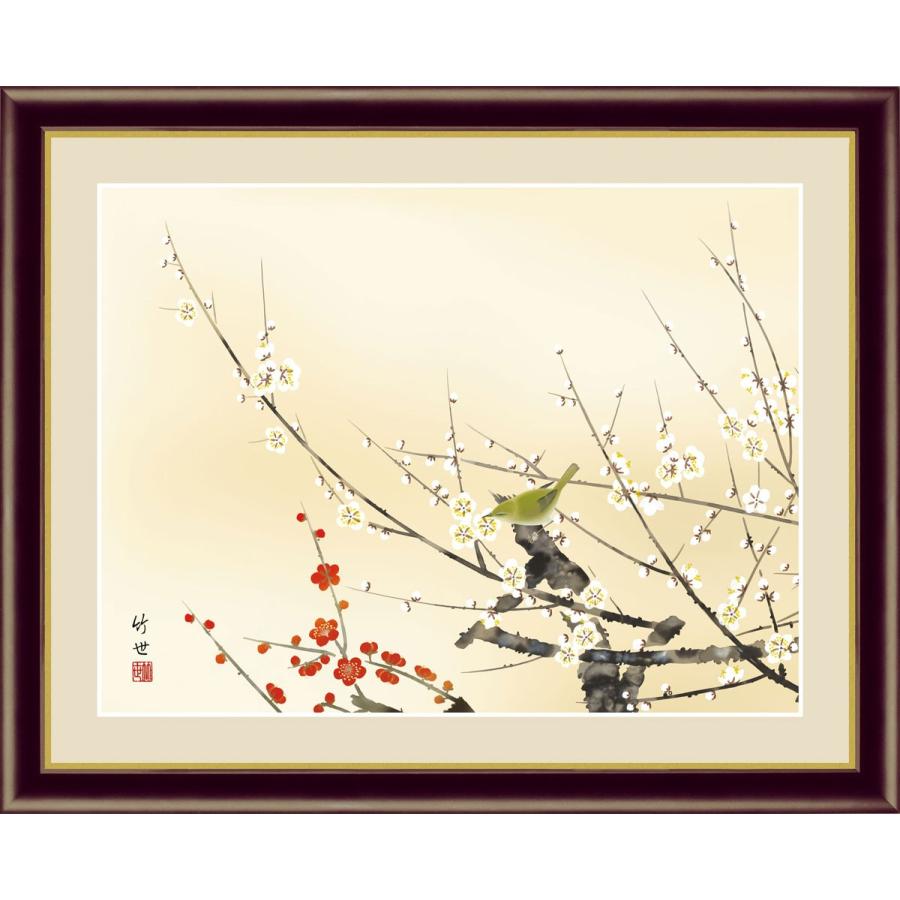 紅白梅に鶯 田村竹世 （F4サイズ）（紐・フック付） 花鳥画 春飾り 約