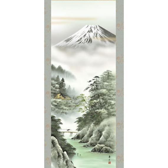 掛軸 (掛け軸) 黎明富士 鈴村秀山 尺三立 約横44.5×縦164cm g6098