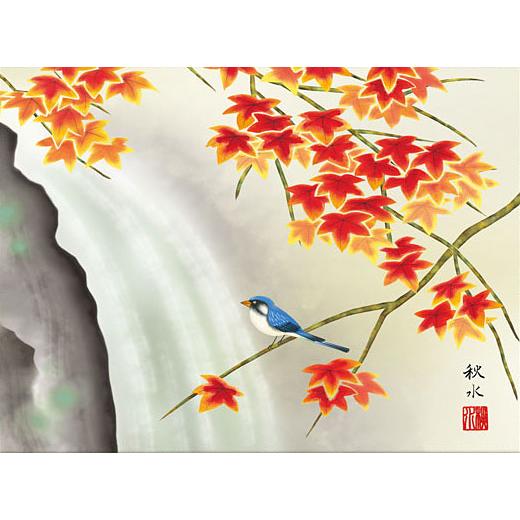 掛軸 掛け軸 本格ミニ掛軸 秋用 紅葉に小鳥 浮田秋水 約横35cm×縦64cm 