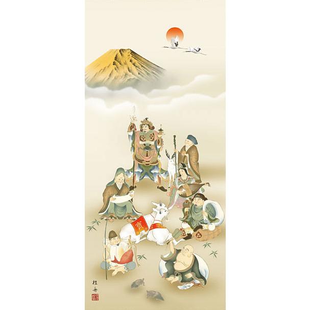 Y 中古 掛け軸 七福神 百鶴之図 紫峰作 鶴 朝日 松 宝船 天皇長寿記念品 Y 中古 掛け軸 七福神 百鶴之図 紫峰作 鶴 朝日 松 宝船 天皇