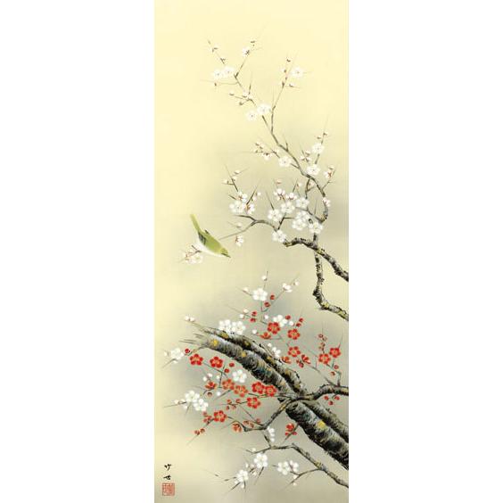 掛軸 (掛け軸) 春用 紅白梅に鶯 田村竹世 尺三立 約横44.5cm×縦164cm