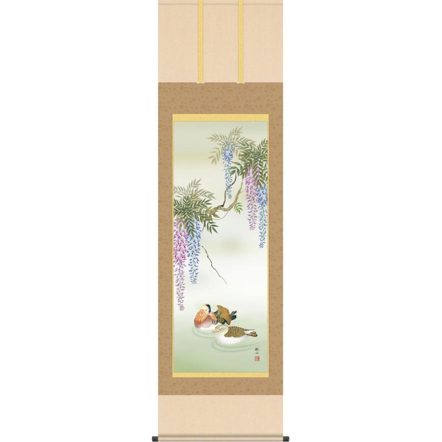 掛軸 (掛け軸) 春用 藤花に鴛鴦 浮田秋水 尺五立 約横54.5cm×縦190cm