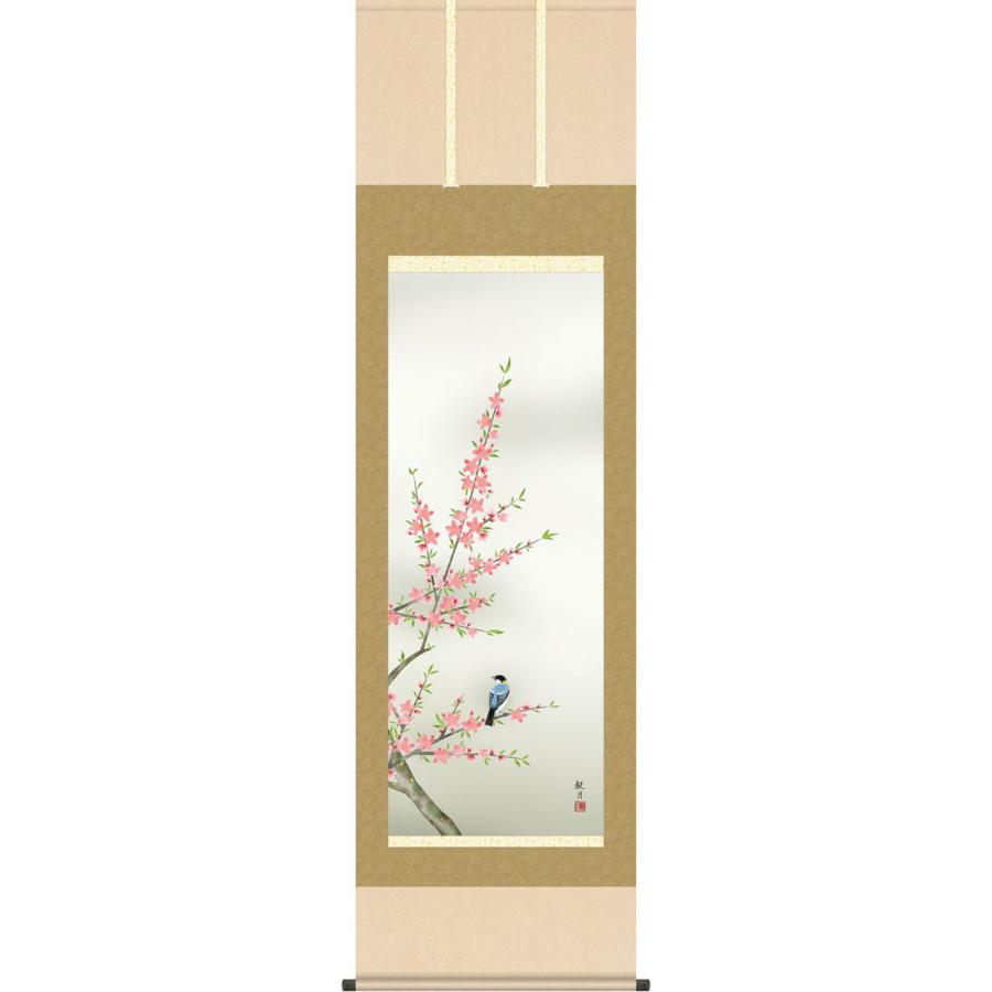 掛軸 (掛け軸) 春用 桃花に小鳥 森山観月 尺五立 約横54.5cm×縦