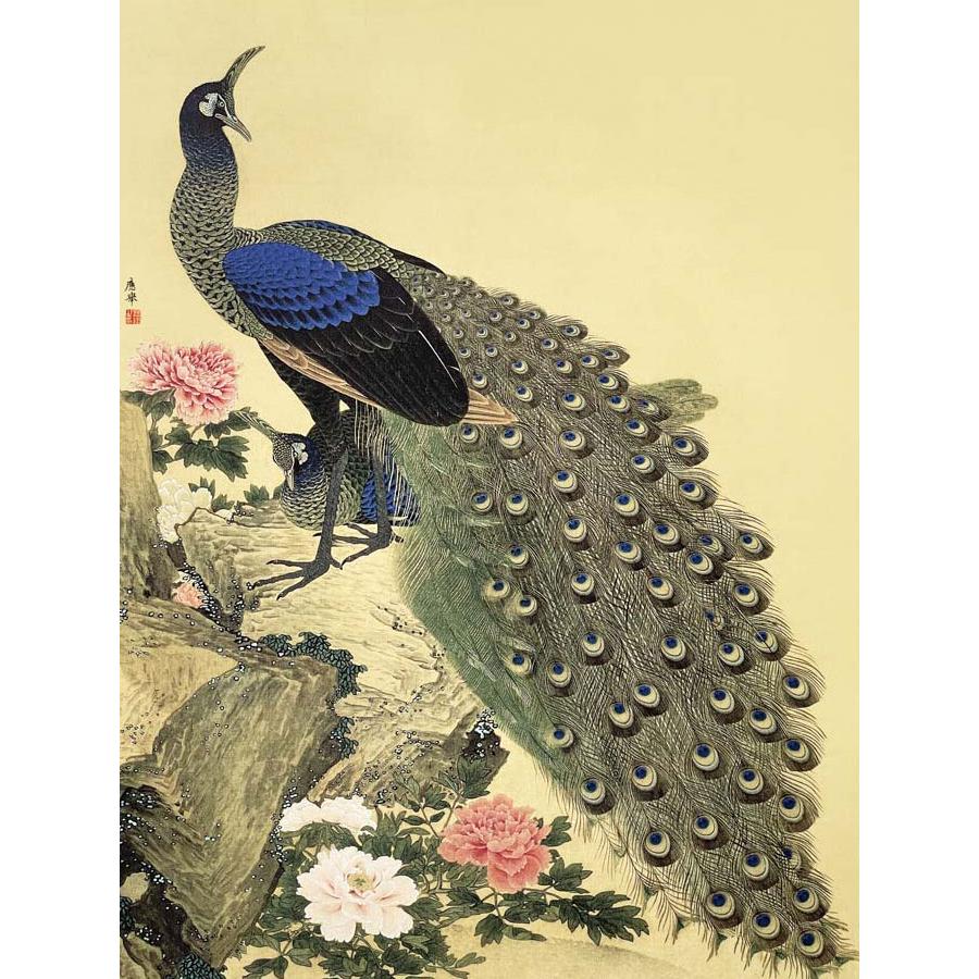 【彫金】牡丹孔雀図　孔雀　花　銅版彫刻画　日本製 円山応挙 牡丹孔雀図 （F6サイズ）（紐・フック付） 日本の名画 約横52