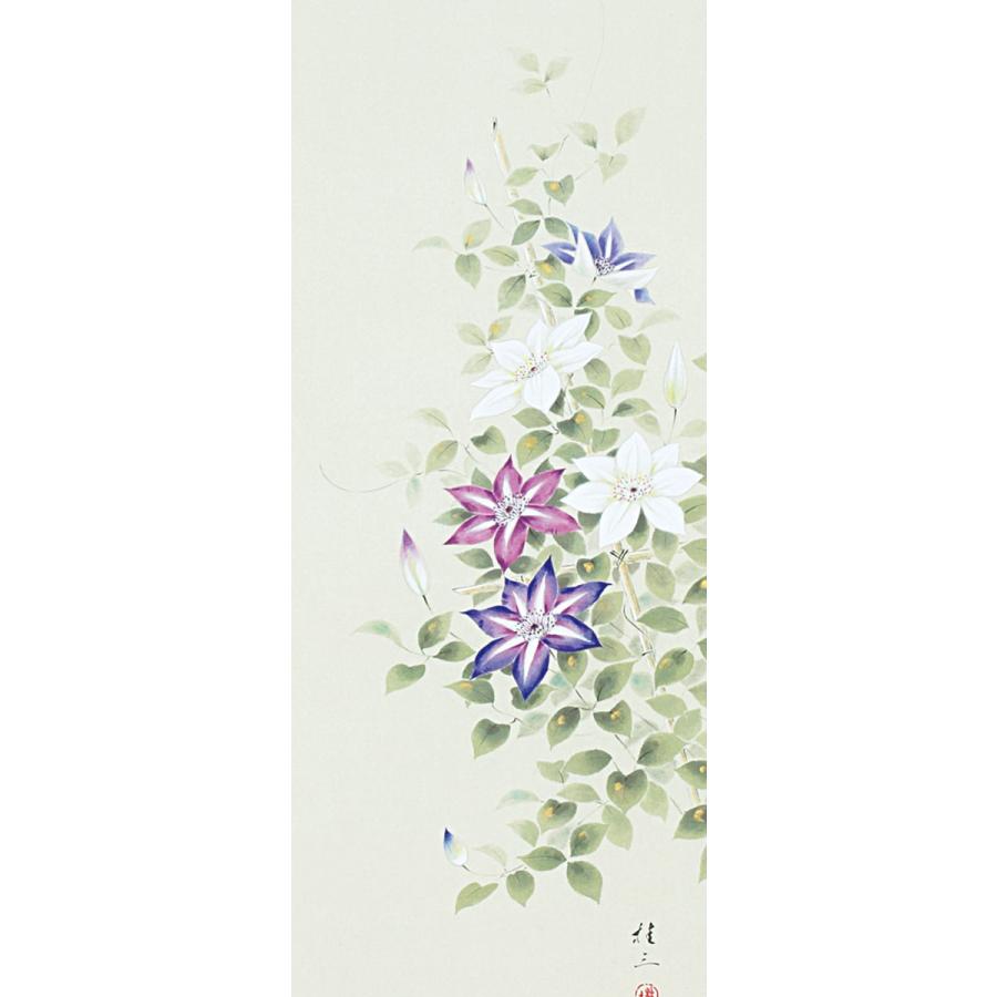 掛軸 (掛け軸) 夏用 鉄線花 佐藤桂三 半切立 約横47cm×縦190cm p9746 夏 夏掛 夏掛け 花鳥 お祝い 御祝 贈答 贈り物の画像