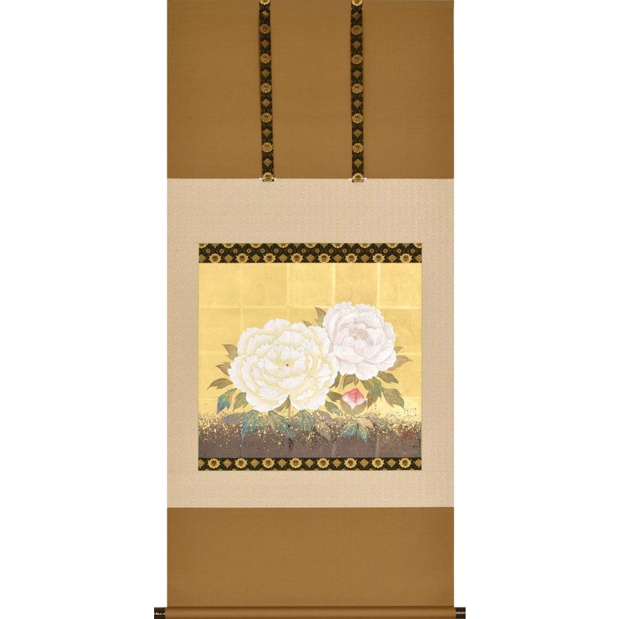 掛軸 (掛け軸) 牡丹(金箔工芸) 木戸口善夫 尺八横 約横70×縦136cm p9847 春 春掛 春掛け 花鳥 牡丹 富貴花 開運 縁起 吉祥 来客
