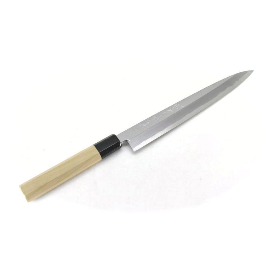 唯千里オリジナル本霞青二鋼墨流し切付柳刃300mm【黒檀八角銀輪水牛柄