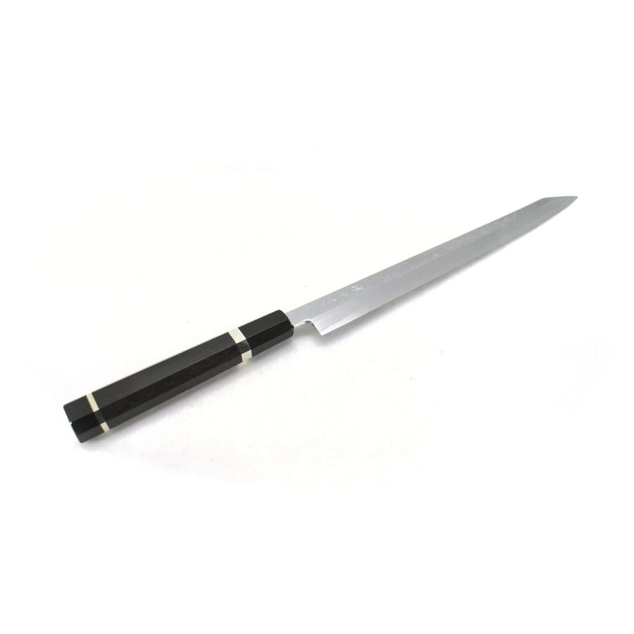 唯千里オリジナル本霞青二鋼墨流し切付柳刃300mm【黒檀八角銀輪水牛柄・サヤ付】 唯千里オリジナル本霞青二鋼墨流し切付柳刃300mm【黒檀八角銀輪