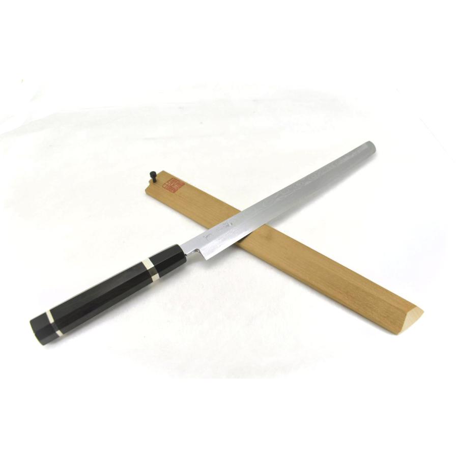 唯千里オリジナル本霞青二鋼墨流し先丸蛸引300mm【黒檀八角銀輪水牛柄・サヤ付】 唯千里オリジナル堺製本霞青二鋼墨流し 先丸蛸引 300 mm 【黒檀