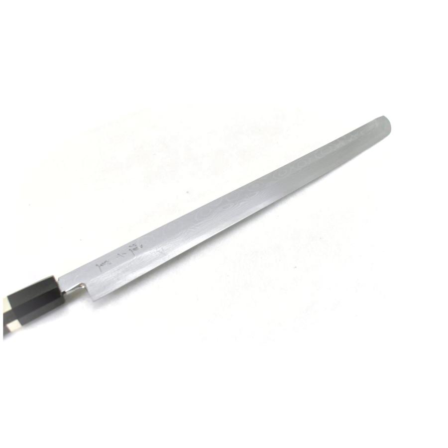 唯千里オリジナル本霞青二鋼墨流し先丸蛸引300mm【黒檀八角銀輪水牛柄・サヤ付】 唯千里オリジナル堺製本霞青二鋼墨流し 先丸蛸引 300 mm 【黒檀