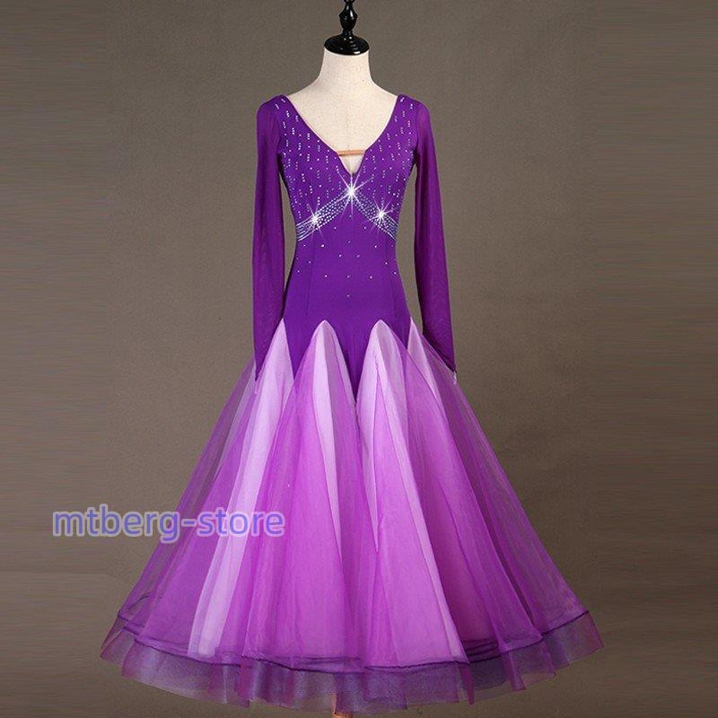 社交ダンス衣装 社交ダンスドレス モダンドレス ダンスウェア ワルツ ダンス服　ステージ衣装 大きい裾 パーティー舞台衣装 