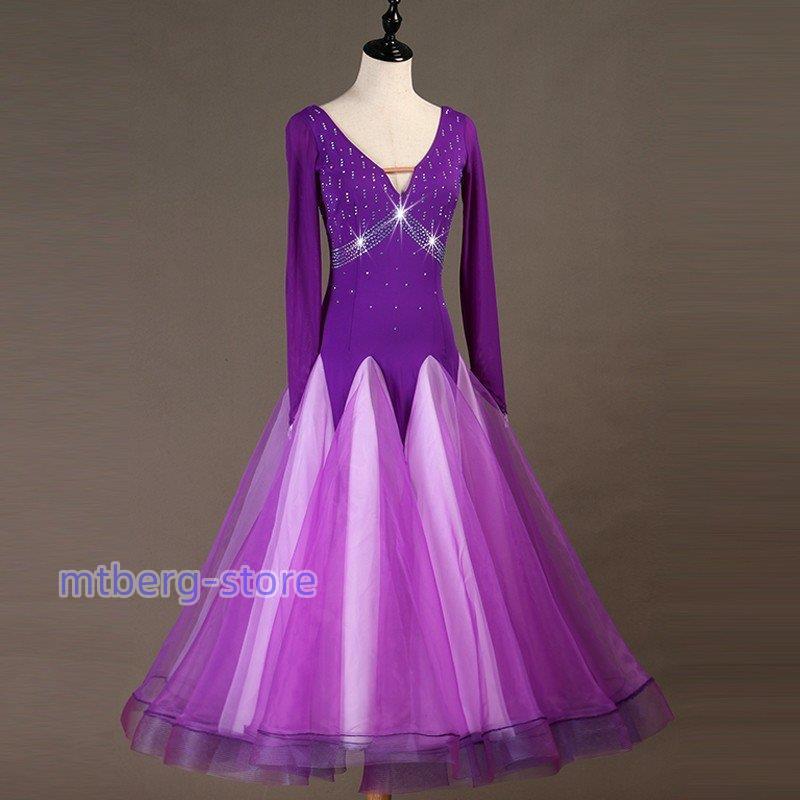 社交ダンス衣装 社交ダンスドレス モダンドレス ダンスウェア ワルツ ダンス服　ステージ衣装 大きい裾 パーティー舞台衣装 