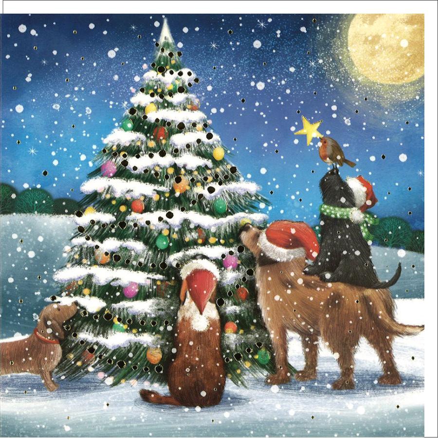 グリーティングカード クリスマス ツリーに集まる犬たち イラスト