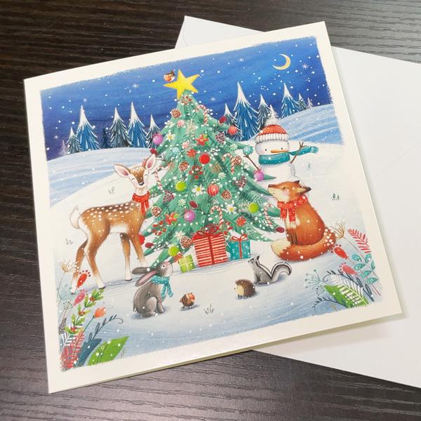 グリーティングカード クリスマス ツリーに集まる動物たち メッセージカード 封筒付き｜yujinia-yh｜04