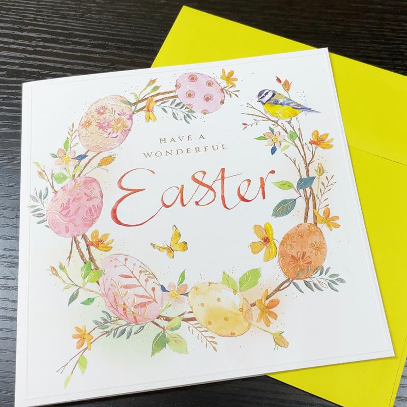 グリーティングカード イースター エッグと花のリース メッセージ