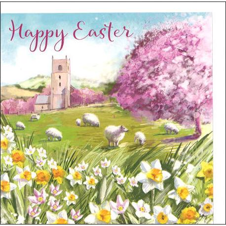 ミニグリーティングカード イースター 花の咲く草原の羊 メッセージカード 動物 イラスト かわいい 入園入学祝い