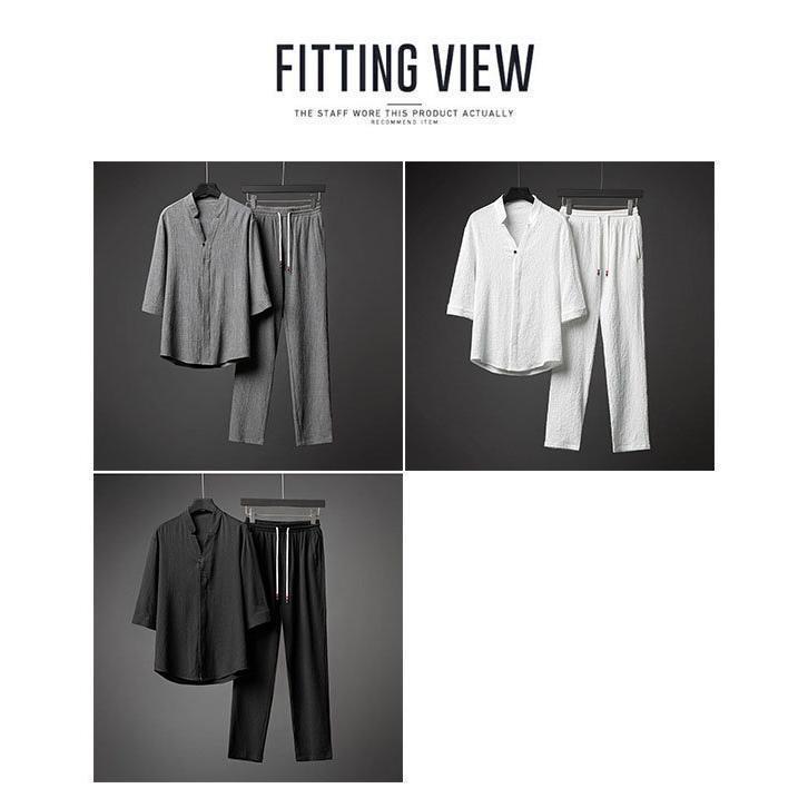 大特価上下セット セットアップ メンズ 綿麻風 リネン風 接触冷感 涼しい 七分袖 五分袖シャツ チノパン 大きいサイズ 吸汗速乾 ルームウェア |  | 02