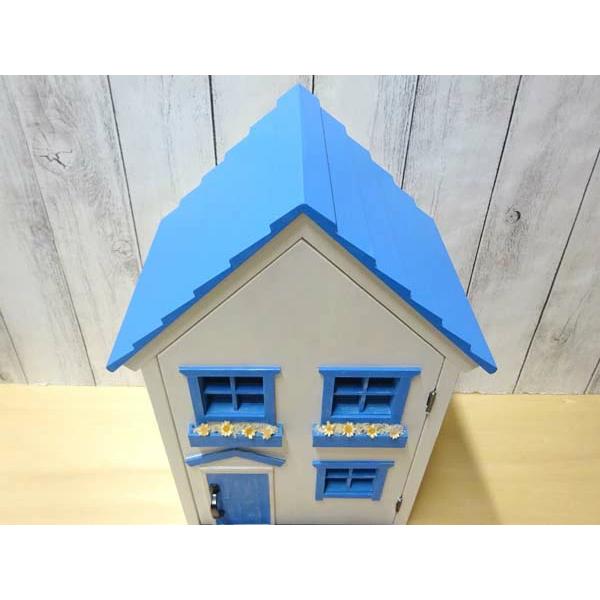 ドールハウス風 収納棚 青い屋根の家 小屋根 木製 着色あり 高さ42.5cm