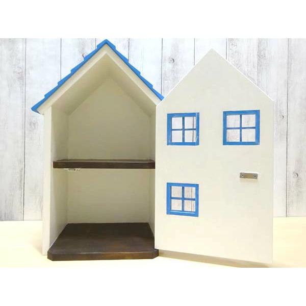 ドールハウス風 収納棚 青い屋根の家 小屋根 木製 着色あり 高さ42.5cm