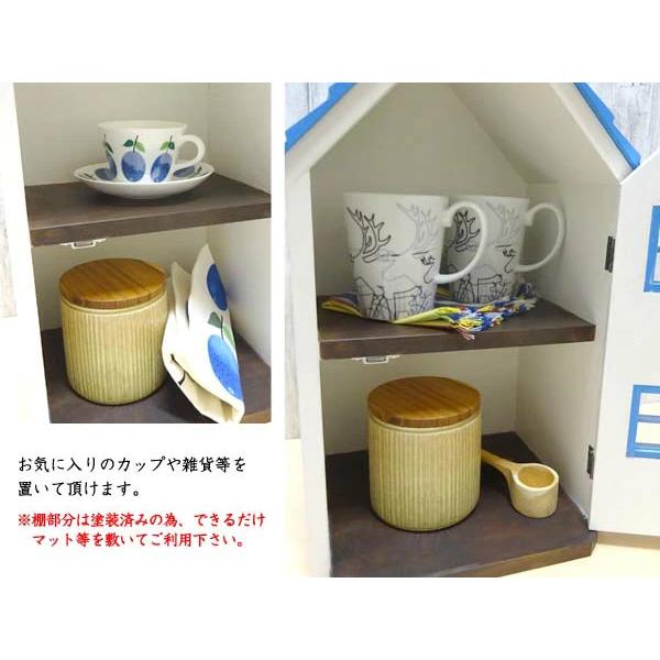 ドールハウス風 収納棚 青い屋根の家 小屋根 木製 着色あり 高さ42.5cm