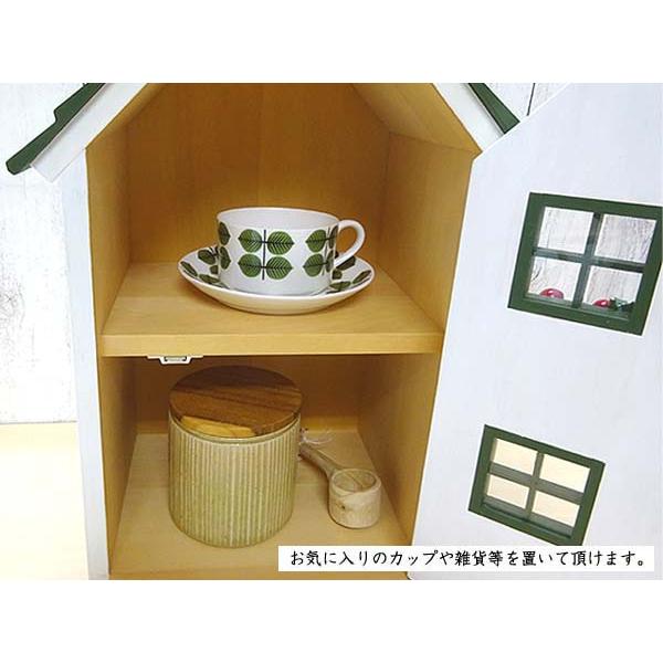 ドールハウス風 収納棚 グリーン屋根の家 小屋根 木製 着色あり 高さ42.5cm 日本製 家の形をした収納棚 工房オリジナル