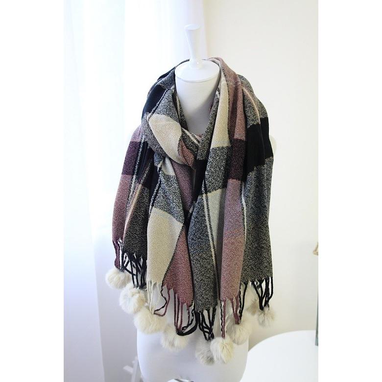 かわいいポンポンウール ストール マフラー レディース ファッション オリエンタル チェック柄 大判 ベージュ 新作送料無料