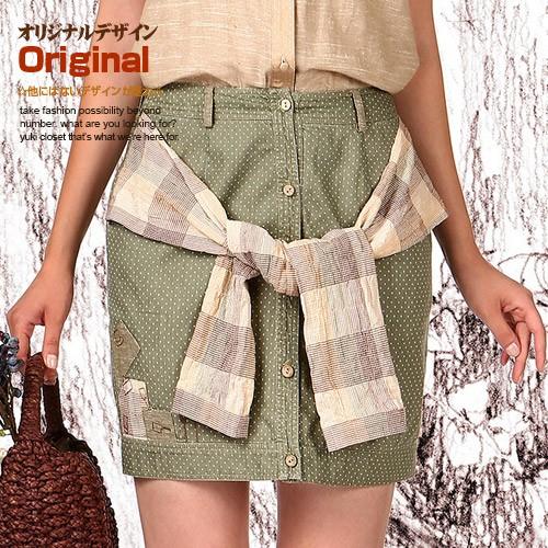 ミニスカート オリジナルデザイン 夏新作 大人可愛い ナチュラル 森ガール フェイクスリーブ 腰巻き風 袖付き 水玉 ドット柄 ボタンダウン タイト ミニスカート