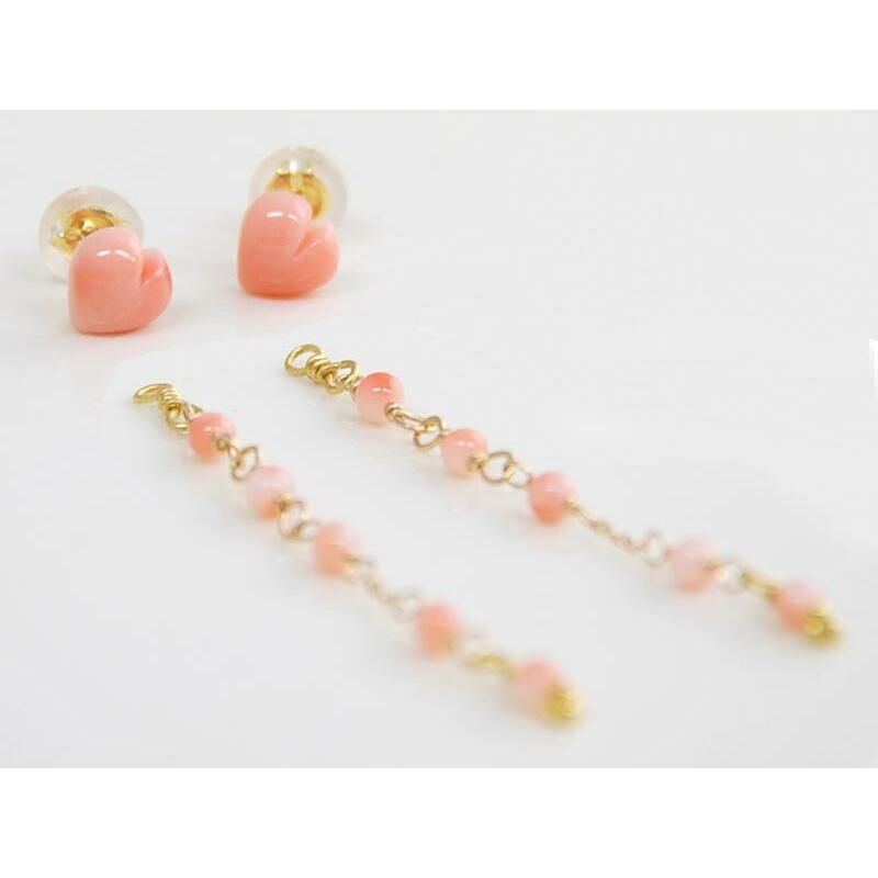 K18 ピンク珊瑚 ハート シェイプ ロング 2WAY ピアス : ユキコ