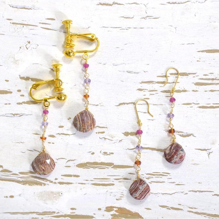 K18 ゼブラジャスパー サファイア アメシスト ルビー ピアス