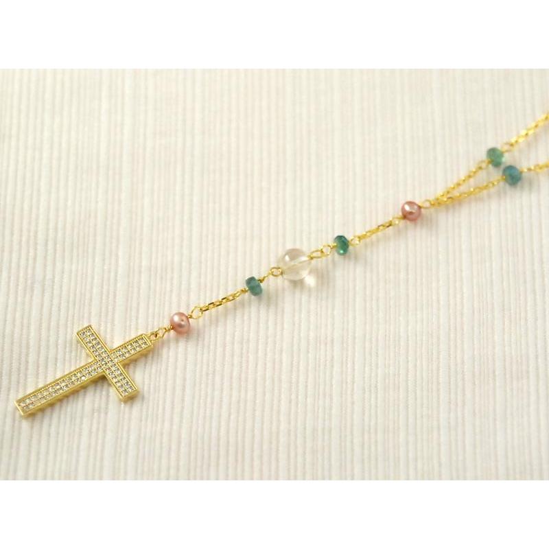 ゴールドカラーキュービック クロス ロザリオ Y字 ペンダント : ユキコ 