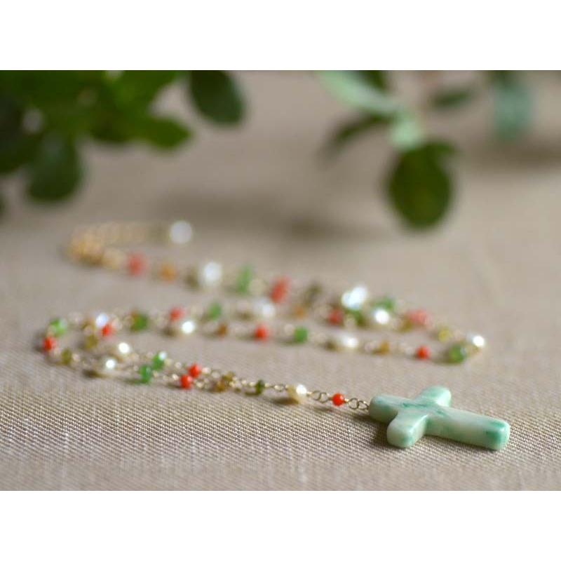 10金 K10 珊瑚 サンゴ さんご ケシ 淡水 トルマリン ピンつなぎ クロス Y字 ネックレス