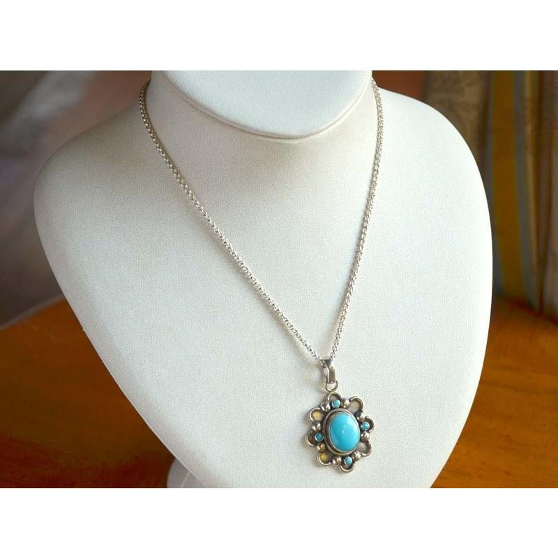 シルバー925トルコ石 ペンダント トップ 革ひも 付 : ユキコ オオクラ