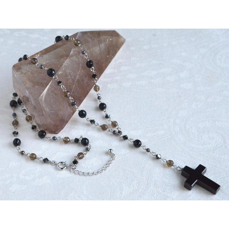 オニキス スモーキークォーツ 淡水パール ロザリオ ネックレス