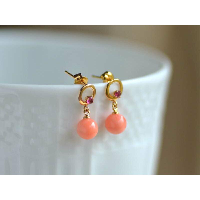 ピアス 珊瑚 サンゴ さんご ピンク ルビー 18金 K18 丸珠 ピアス 珊瑚 サンゴ さんご ピンク ルビー 18金 K18 丸珠