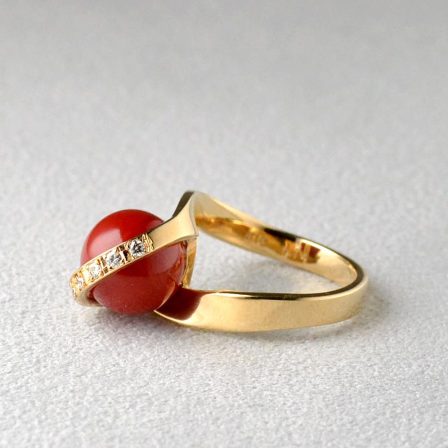 K18 ダイヤ入り 血赤珊瑚 丸珠(10.5mm)リング : ユキコ オオクラ 大倉