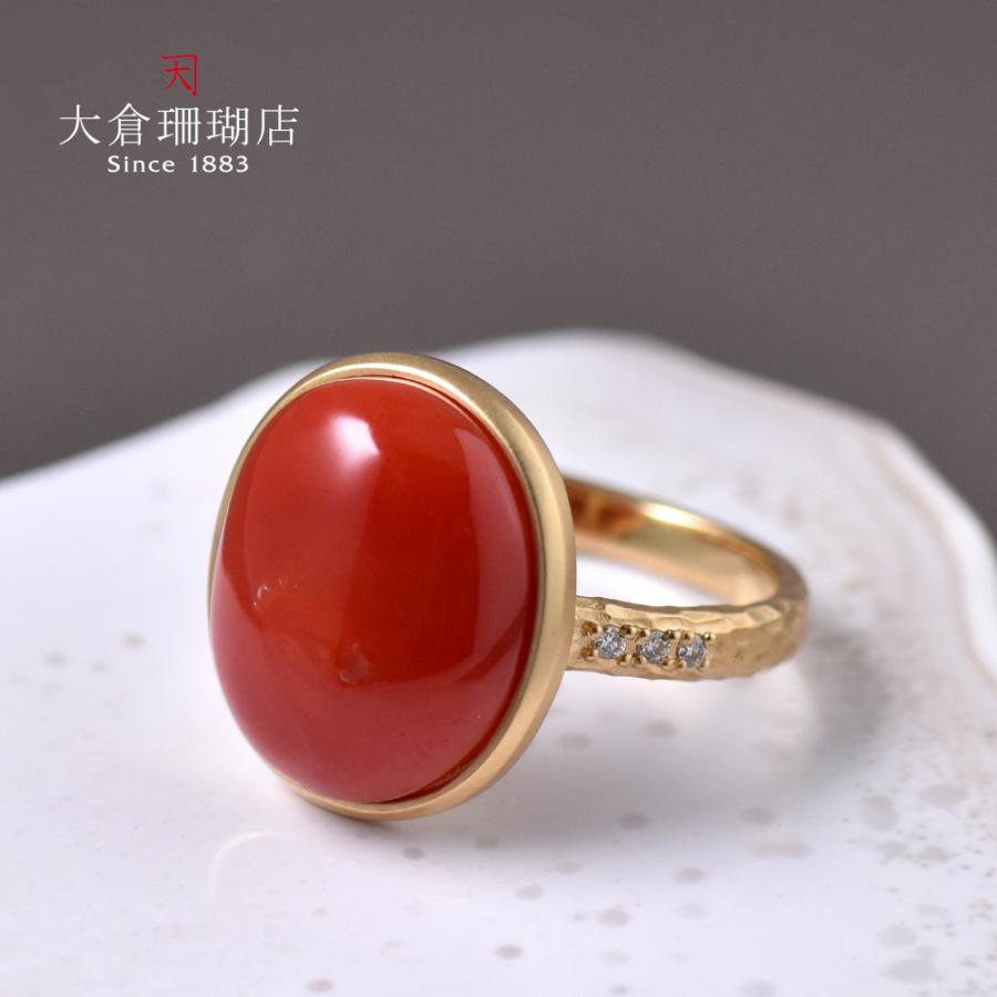 【ヴィンテージ】紅珊瑚リング【K18】 K18 ダイヤ入り 血赤珊瑚 オーバル ヴィンテージ リング : ユキコ