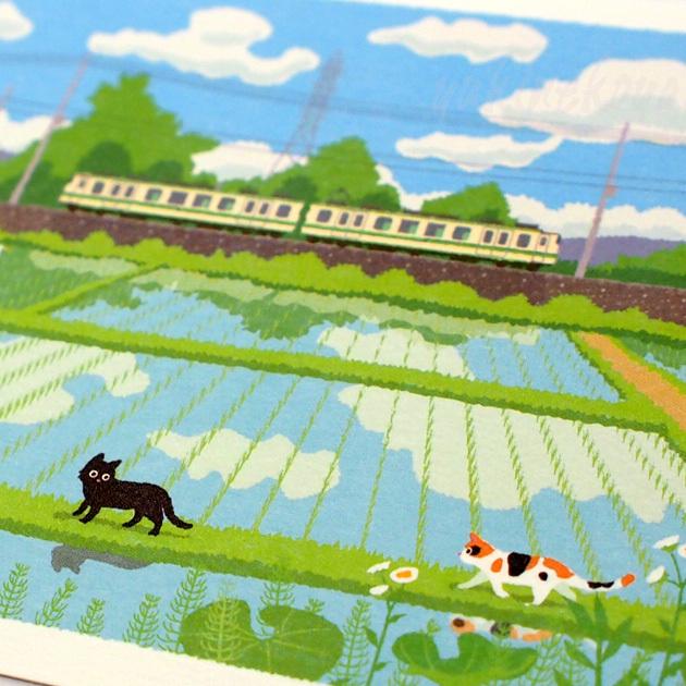 猫のポストカード たびねこ 電車と田んぼ 森俊憲 もりとしのり