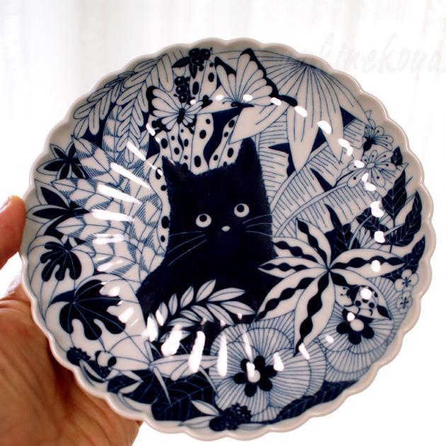 呉須猫皿　4枚　ヘソ天 背伸び猫柄　16cm 取り皿　中皿　手作り　作家　花型 呉須猫皿 4枚 ヘソ天 背伸び猫柄 16cm 取り皿 中皿 手作り