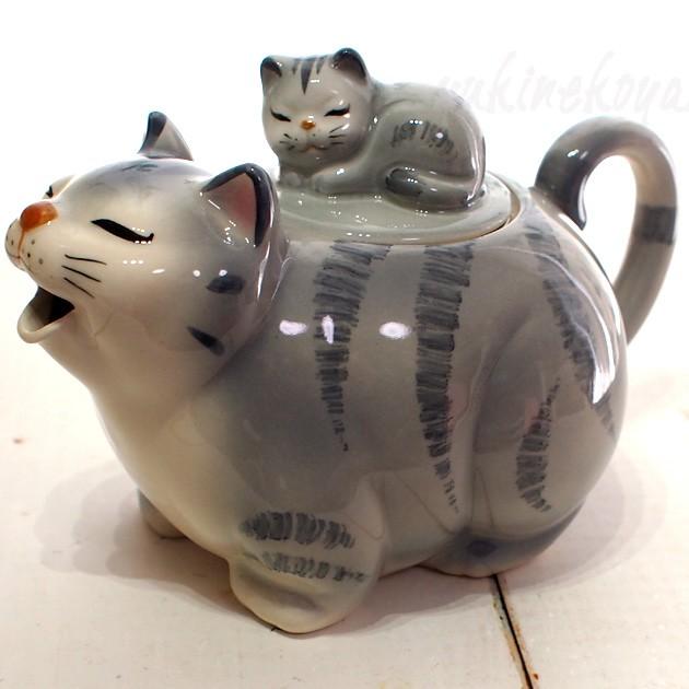 猫型ティポット 手描き 瀬戸焼 日本製 灰トラ猫 三毛猫 ハンドペイント 